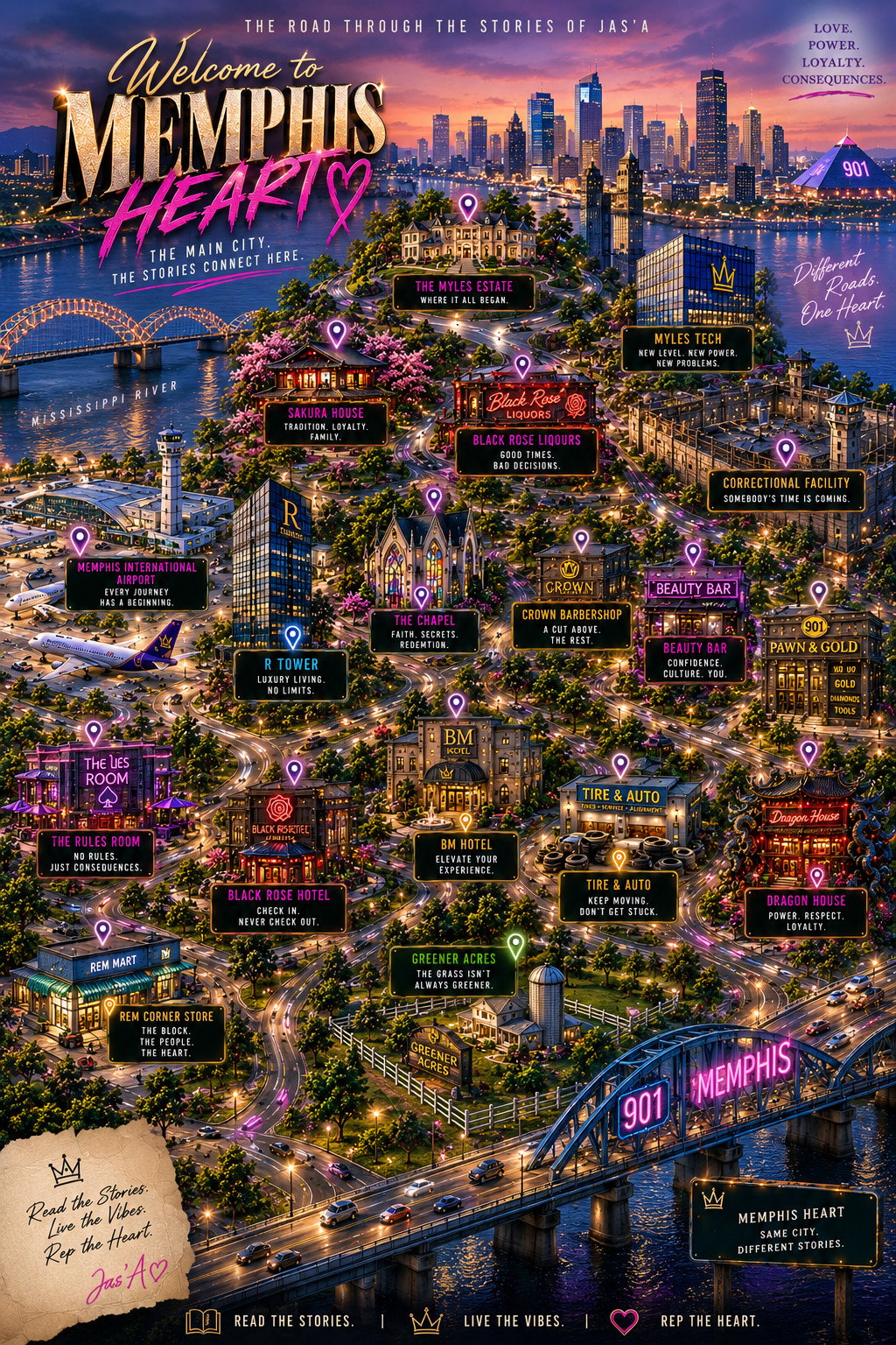 Illustrated map of Memphis Heart showing the places in Jas'A's stories